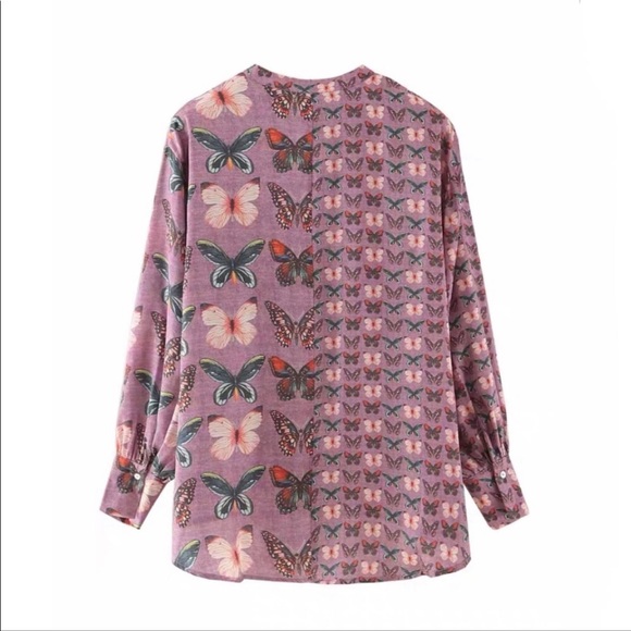 Purple Asymmetrical Butterfly Print Botton Up Blouse - Picture 7 of 8